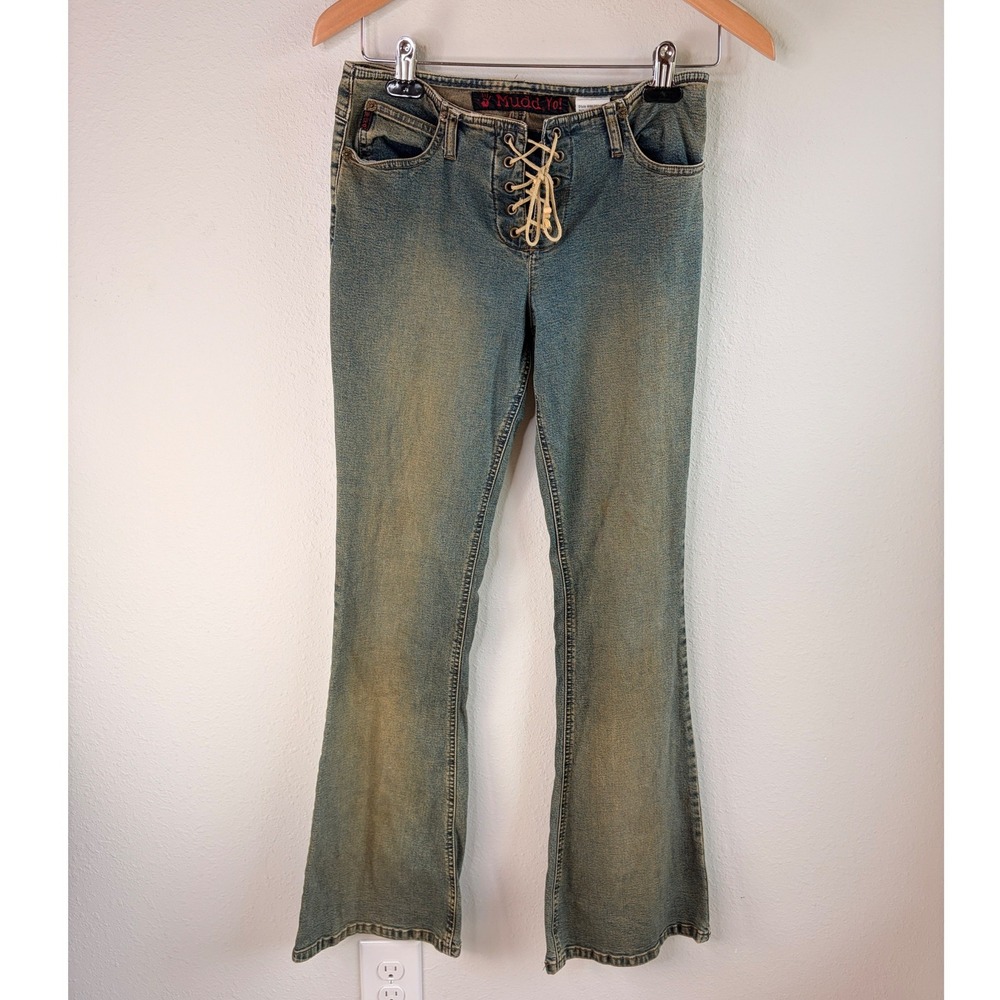 Vintage Y2K Mudd Mid Rise Lace Up Boot Cut Flare Jeans Hippie Boho Western Sz5